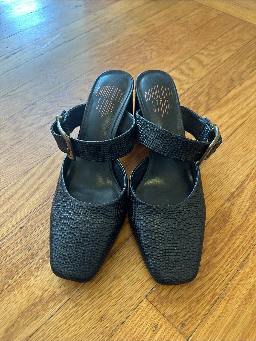 Charlotte Stone Black Textured Square-Toe Mule with Buckle Strap Detail